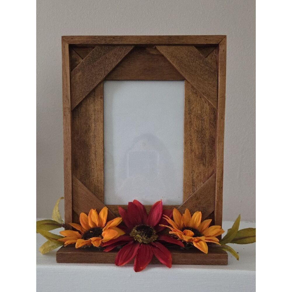 Rustic Wooden Photo Frame with Red & Orange Sunflowers -